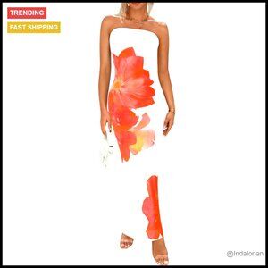 Strapless Maxi Dress Bodycon Floral Mesh Formal Cocktail Elegant Wedding Guest